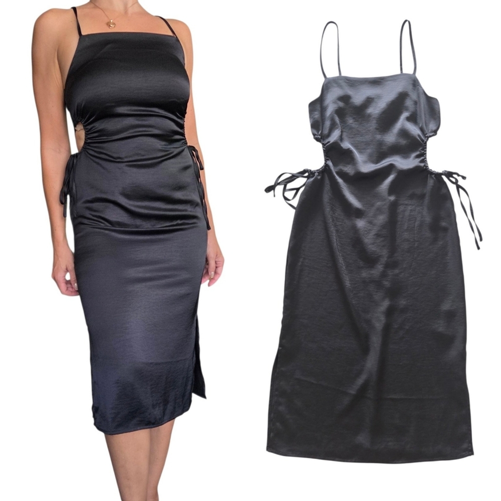HOUSE OF HARLOW Satin‎ Black Midi Slip Dress Small Side Keyhole Cutout Cocktail
